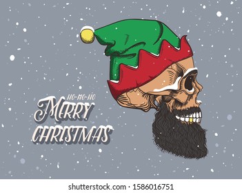 Bearded male skull in a snowy green hat. Santa's helper, elf or leprechaun. Print for t-shirts, various printing and posters.