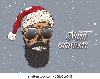 Bearded male skull in a snowy red hat and glasses. Skeleton of Santa Claus. Print for t-shirts, various printing and posters.