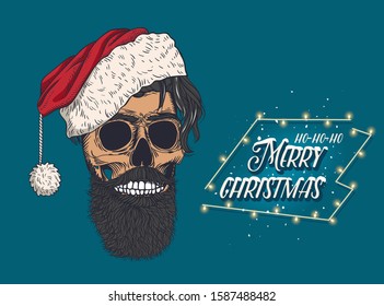 Bearded male skull in a snowy red hat. Skeleton of Santa Claus. Print for t-shirts, various printing and posters.