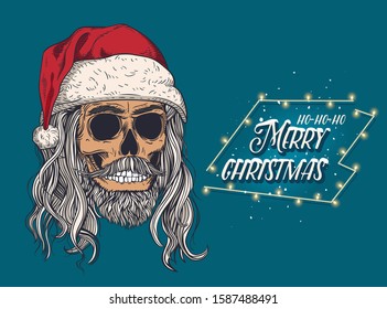 Bearded male skull in a snowy red hat. Skeleton of Santa Claus. Print for t-shirts, various printing and posters.