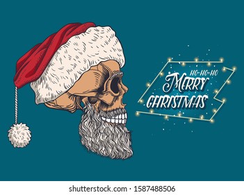 Bearded male skull in a snowy red hat. Skeleton of Santa Claus. Print for t-shirts, various printing and posters.