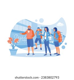 A bearded male tour guide explains the culture and customs of the people in that place. Tourist Guide concept. trend modern vector flat illustration