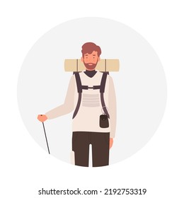 Bearded male tourist with backpack. Hiker man with hiking equipment vector illustration