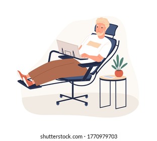 Bearded male work at ergonomic armchair with foot rest vector flat illustration. Man employee enjoy innovative technology at workplace use laptop isolated on white. Contemporary workspace furnituring