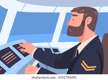 Bearded Man Aircraft Pilot Or Aviator Sitting Inside Airplane Cabin At Control Panel Vector Illustration