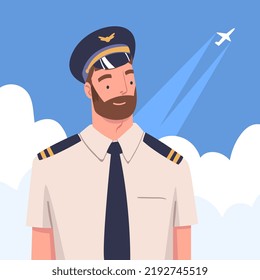 Bearded Man Aircraft Pilot or Aviator in Cap and White Shirt with Blue Sky Behind Vector Illustration