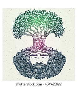 Bearded man. Allegorical tree spirit.Beard of the roots.For hipster tattoo, coloring for adults,eco design,t-shirt print, protect the environment. Pattern, zentangle,line art. Magic, Boho chik, hippie
