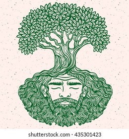 Bearded man. Allegorical tree spirit.Beard of the roots.For hipster tattoo, coloring for adults,eco design, protect the environment. Pattern, zentangle,line art. Boho chik, hippie. earth day card