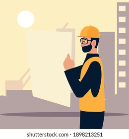 bearded man architect working with blueprints in office vector illustration