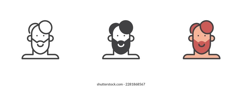 Bearded man avatar different style icon set. Line, glyph and filled outline colorful version, outline and filled vector sign. Barbershop Symbol, logo illustration. Vector graphics