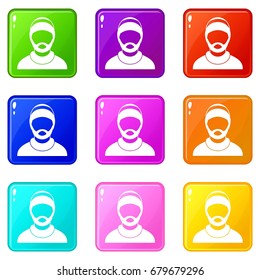 Bearded man avatar icons of 9 color set isolated vector illustration