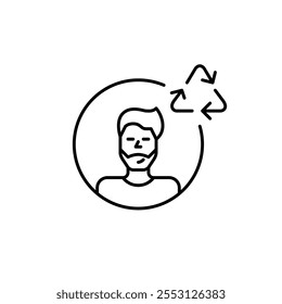 Bearded man avatar with recycling symbol. Green responsibility in technology, energy efficient digital presence. Pixel perfect, editable stroke icon