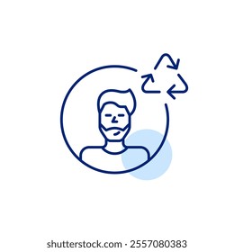 Bearded man avatar with recycling symbol. Green responsibility in technology, energy efficient digital presence. Pixel perfect vector icon