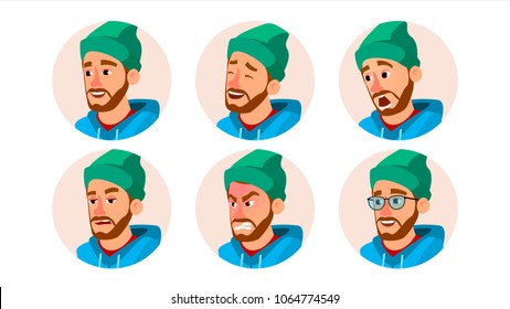 Bearded Man Avatar Vector. Character Business People Avatar. Cap, Hat. Face Emotions Set. Cartoon, Comic Art Illustration