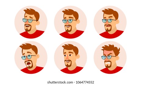 Bearded Man Avatar Vector. Character Business People Avatar. Face Emotions Set. Cartoon, Comic Art Illustration
