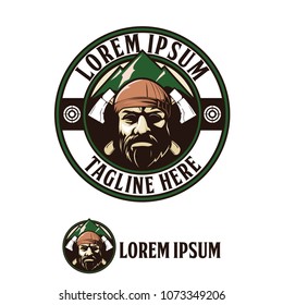 bearded man with ax and mountain vector logo template