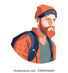 bearded man with backpack icon isolated