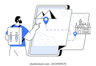 Ein bärtiger Mann mit Rucksack zeigt auf eine Karte auf seinem Smartphone, die Routen zu einem Berg und einem Schloss zeigt. Ideal für Reise-Apps, Tourismus, Navigation, Wandern, Abenteuer und digitale Reiseführer. Einfach
