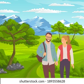 Bearded man with a backpack and a woman walking along the road. Mountains, rocks, rocks, grass and trees in the background. Picturesque natural wild landscape. Clear blue sky. Outdoor activity.