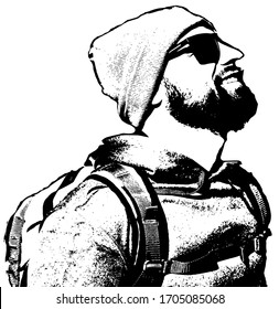 bearded man backpacker hiker tourist portrait in sunglasses