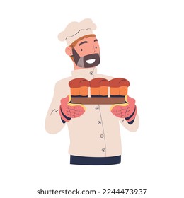 Bearded Man Baker in Toque Holding Freshly Baked Bread Vector Illustration