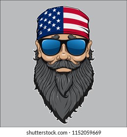 A bearded man in a bandana with an American flag. The biker is in a bandana. American biker. Vector illustration