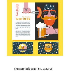 A bearded man in a bandana with sunglasses. Beer mug tattooed hands. Grilled sausage on a fork in his hand. Design corporate business cards beer bar logo.