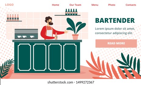 Bearded Man Bartender Character Wearing Apron Stand At Counter Desk In Cafe Or Night Club Holding Bottle With Alcohol Drink. Restaurant Staff Job. Cartoon Flat Vector Illustration, Horizontal Banner