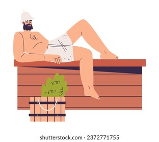 Bearded Man Bathing in Sauna and Taking Steam Bath Vector Illustration