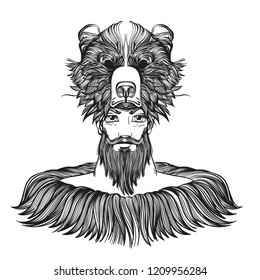 Bearded man with a bear mask. Outline vector illustration isolated on white background.