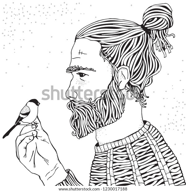 髭を生やした男と鳥 大人向けの塗り絵本のページ 長いあごひげを生やした手描きのヒップスター男性 白黒 線画 のベクター画像素材 ロイヤリティフリー