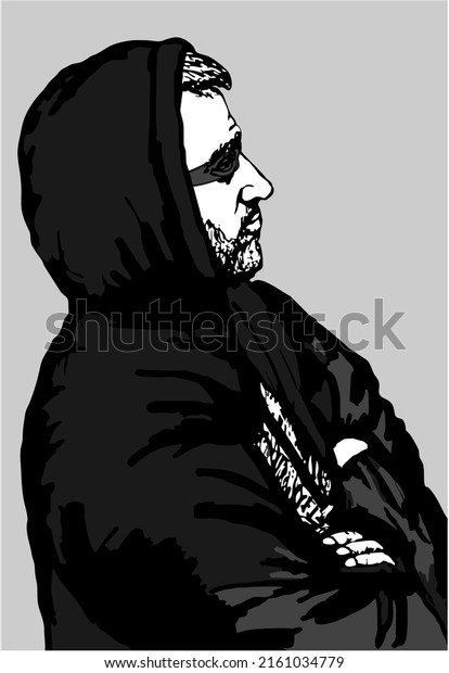 A bearded man, in a black glasses, sweater with a hood on his head and arms crossed over his chest. Hand made grayscale drawing. Портрет, линейный вектор. Рисунок художника iThyx