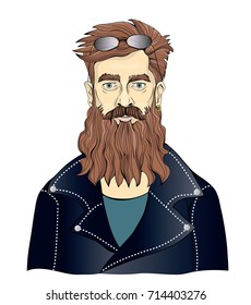 A bearded man in black leather jackets. Moto Biker or fan of rock music. Vector portrait illustration, isolated on white background.
