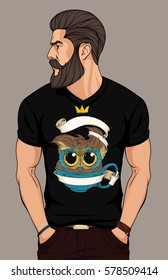 bearded man in black t shirt with cute owlet in a cup 