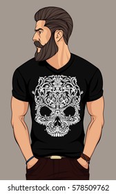 bearded man in black t shirt with floral skull