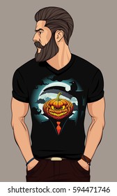 bearded man in black  t shirt with  pumpkin head grim reaper