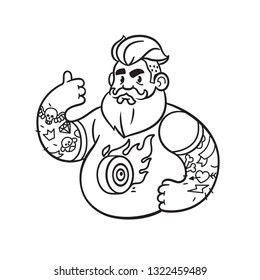 bearded man in black t-shirt shows like. Line black. Logo comic style with contour. Decoration for greeting cards, posters, patches, prints for clothes, emblems. Modern flat style.