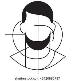 bearded man, black-haired, black and white drawing, black outlines, black strokes, black mascara, emblem, brand, hairdresser, for men's sites, cosmetics, men's theme