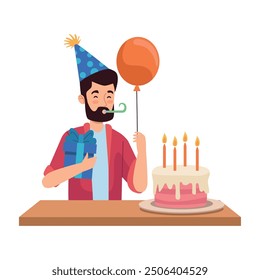 bearded man blowing birthday candle isolated