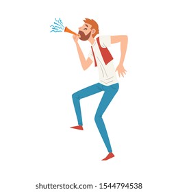 Bearded Man Blowing Party Horn, Man Celebrating Event Vector Illustration