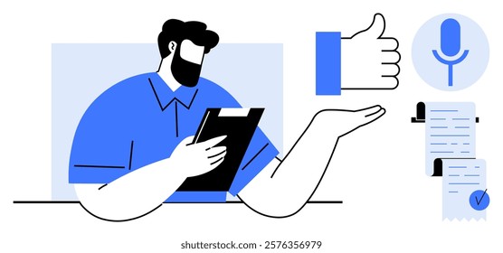 A bearded man in blue holding a tablet with a thumbs up symbol, a microphone, and checklists. Ideal for productivity, workflow management, approval processes, communication, and digital tools