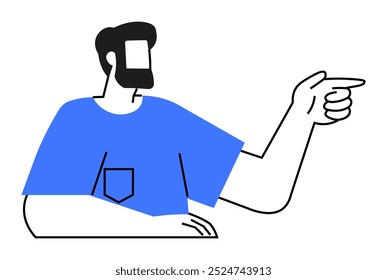 A bearded man with a blue shirt and black hair points to the right in a minimalistic vector style. Ideal for navigation, instructions, guidance, tutorials, and customer support themes. Simple line art