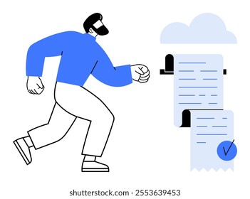 Bearded man in blue shirt and white pants walking towards large documents next to a cloud. Ideal for business, documentation, work processes, cloud storage, and productivity themes. Minimalist vector