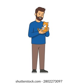 Bearded man in a blue sweater holding a cute orange kitten. Smiling bearded man in a blue shirt holds a small orange kitten. Simple vector character design on white background. Ideal for pet care, adoption, or veterinary clinic materials.