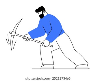 Homem barbudo em um suéter azul e calças brancas ativamente mineração com uma picareta. Ideal para mineração, trabalho duro, trabalho, construção, produtividade. Estilo limpo, moderno, minimalista.