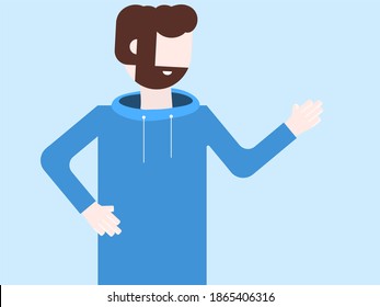 Bearded man in blue sweatshirt having raised hands