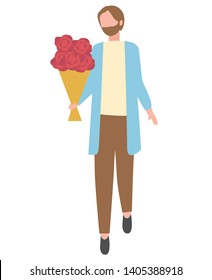 Bearded man with bouquet of flowers isolated cartoon character. Vector male with blooming rose buds, present for someone, elegant guy in blue jacket