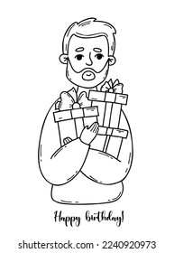 Bearded man with boxes of gifts. Vector linear hand drawing in doodle style. Male festive character with text Happy birthday