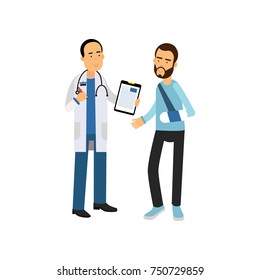 Bearded man with broken arm visiting traumatologist doctor cabinet in hospital. Cartoon flat illustration