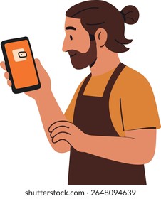 A bearded man in a brown apron and orange shirt is looking at a smartphone with a cheerful expression, suggesting he is checking something related to work or a message.